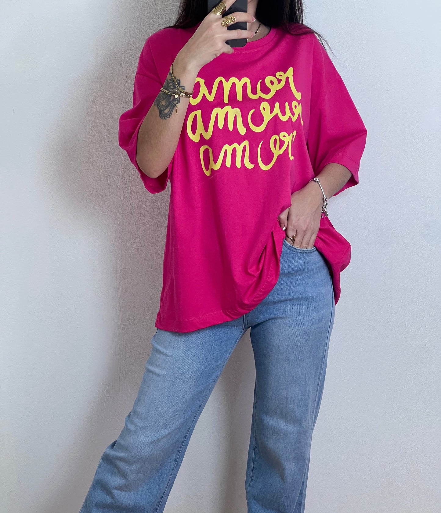 Camiseta Oversize Amor -Rosa Fucsia- Talla Unica - REF: 54416A