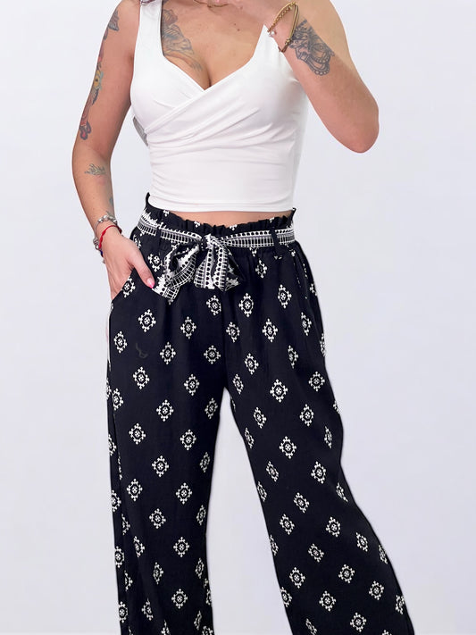 Pantalón Fluido Étnico Negro -Talla Unica- REF:60815E