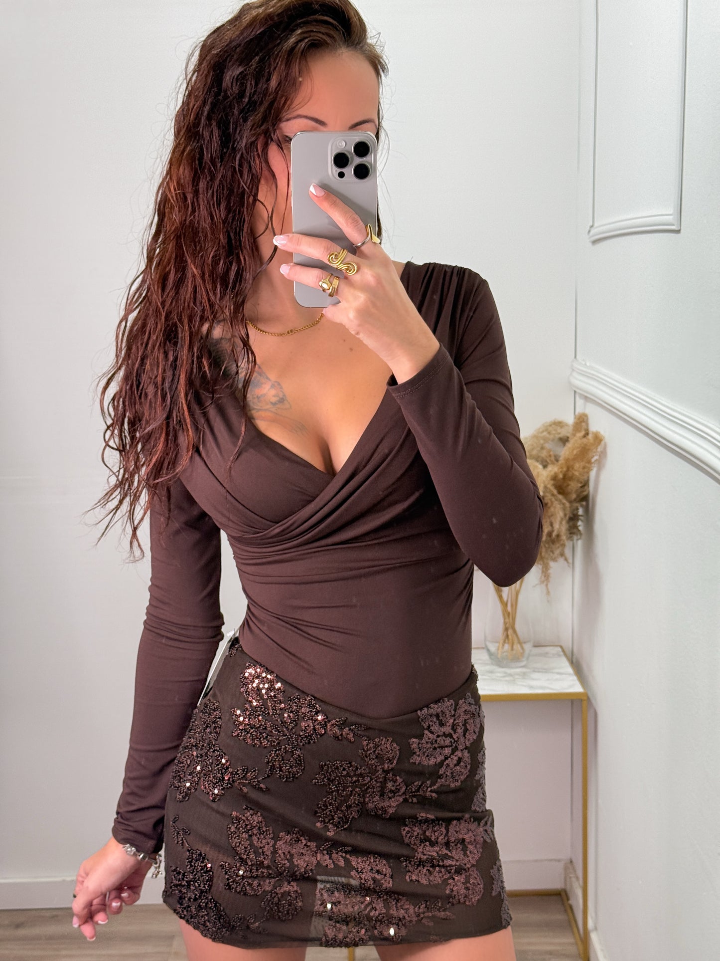 Falda Pantalón Lentejuelas Marrón Chocolate -Talla única- REF:139574CH